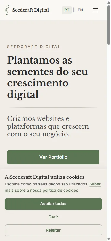 Mobile view of the Seedcraft Digital website showing the hero section with responsive typography and call-to-action