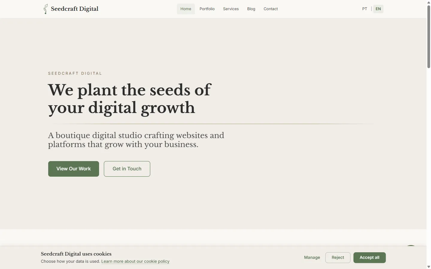 Screenshot of the Seedcraft Digital website homepage showing bilingual navigation and portfolio grid