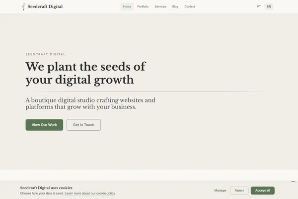 Screenshot of the Seedcraft Digital website homepage showing bilingual navigation and portfolio grid