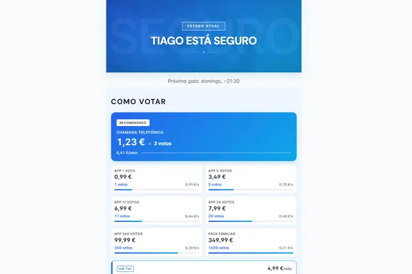 Desktop view of the Tiago Blela campaign platform showing the hero section with voting status and cost comparison table