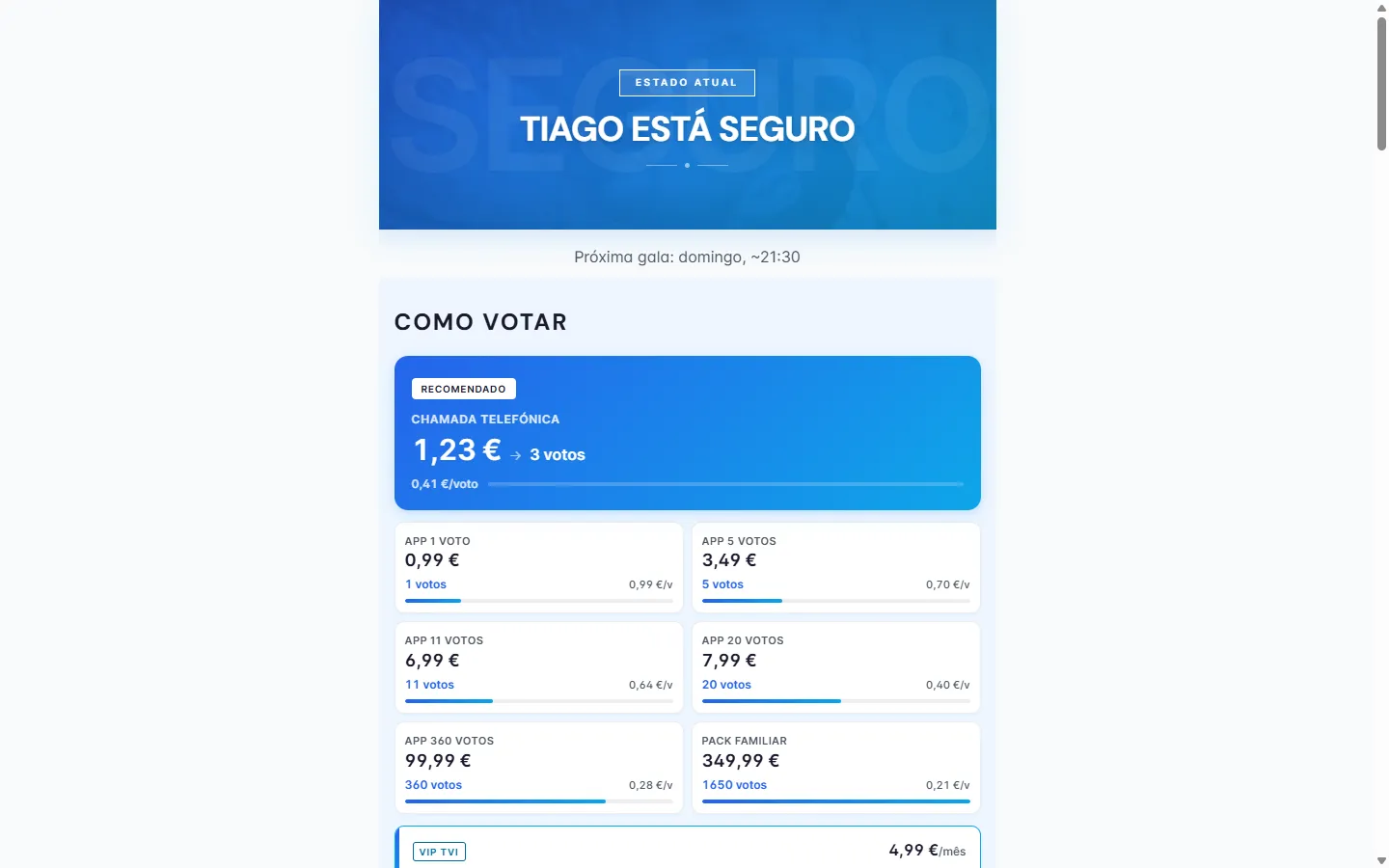 Desktop view of the Tiago Blela campaign platform showing the hero section with voting status and cost comparison table