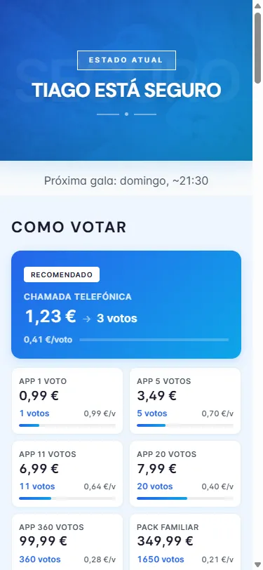 Mobile view of the Tiago Blela campaign platform showing the nomination status and voting guide optimized for phone